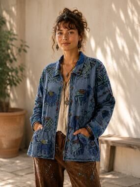 Elephant Quilted Patchwork Jacket Women's S-M Chambray Blue Cotton Boho Artsy